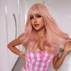 ALAN EATON Synthetic Wigs Long Wavy Hairstyle Pink Color Full Wigs with Bangs for Women Heat Resistant Fiber Wig