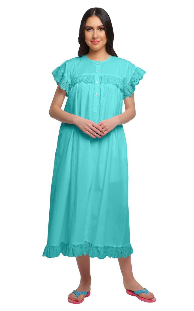 Moomaya Solid Short Sleeve Nightdress For Ladies Button Placket Nightwear