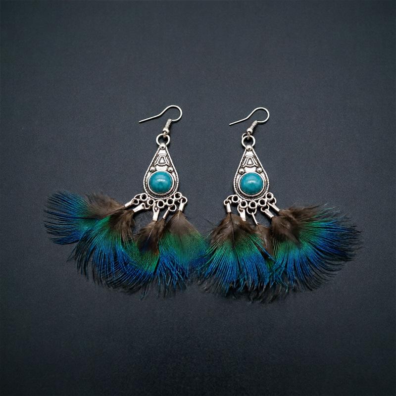Retro Federohrringe Ethnischer Stil Blaue Fransen Langer Ohrschmuck Pfauenhaar Türkise Ohrringe