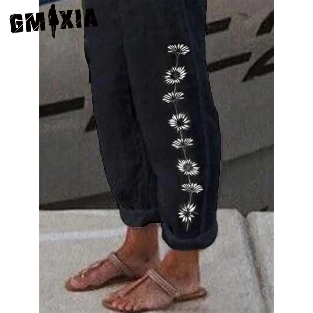 GMXIA Fashion Popular Floral Print Harem Pants with Flower Pockets Mid Waist Trousers Streetwear