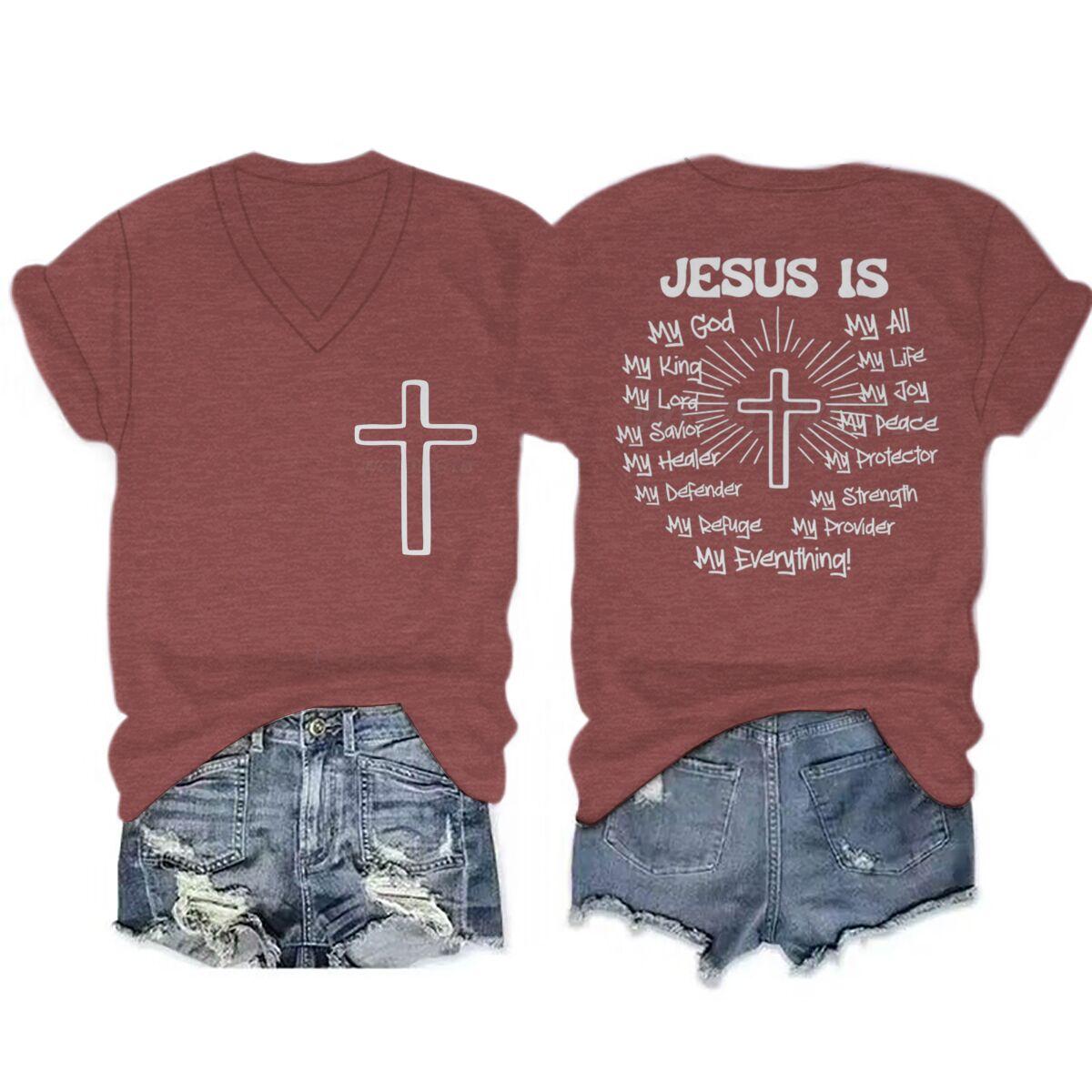 Gift for Christian Street Style Tshirt Jesus Is My King Womens Clothing Jesus Religious Believe Vneck Short Sleeve Soft Tee S