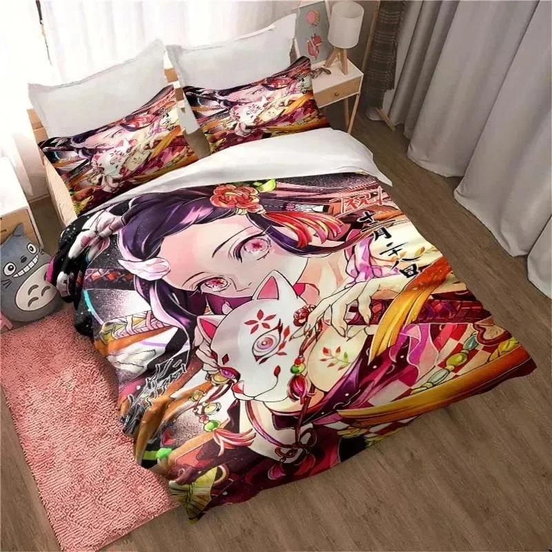 Demon Slayer, Anime Tegneserie Gave King Twin Dobbel Barn Sengetøy Sett Mircofiber eller Polyester Dynetrekk Sett Deksel Sengedekke med