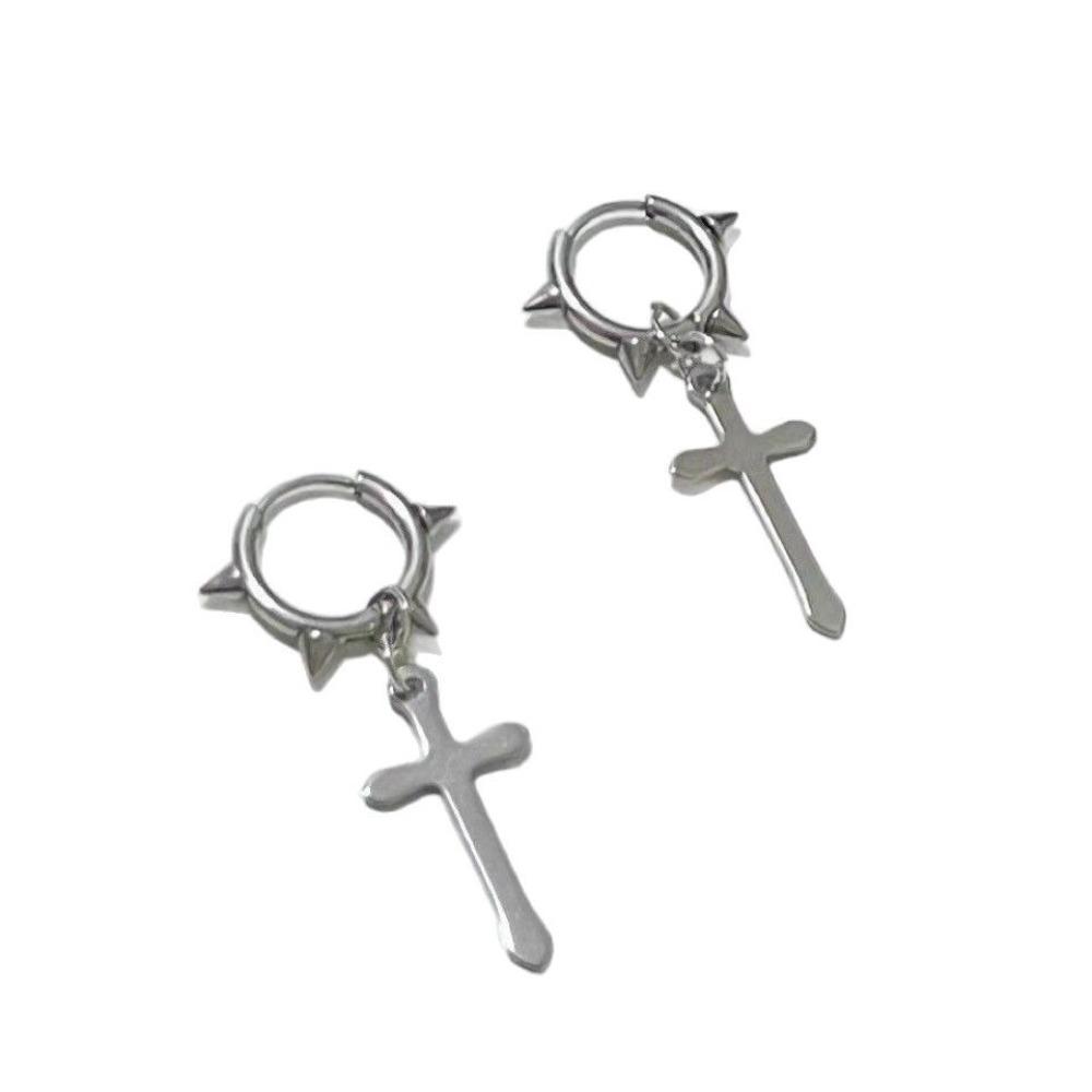 Trend Personality Geometry Sliver Color Cross Pendant Rivet Hoop Earrings for Women Men Gothic Punk Piercing Jewelry Accessory