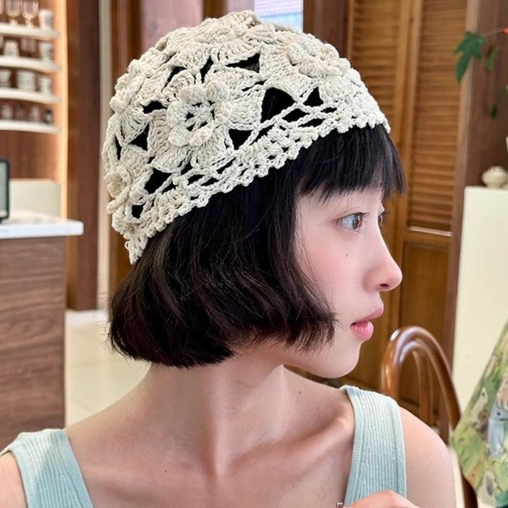 Bohemian Style Hollowed Out Beanie Cap Handmade Woven Cap Retro Crochet Flower Knitted Hat  Outdoor