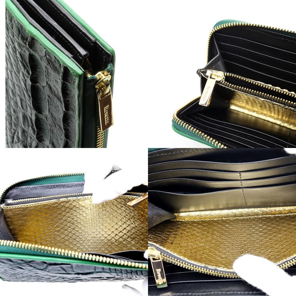 [Revetta] Crocodile Leather Long Wallet with Gold Python Interior, L-Shaped, Men's, Genuine Leather, Round Zipper, Green, Matte Finish [243crw]