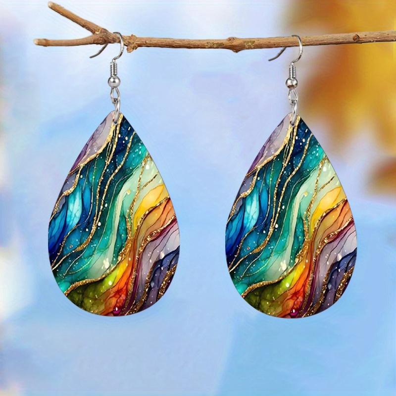 Colorful Pleated Marble Pattern PU Leather Earrings for Women Gorgeous Fashionable Earrings Double Sided Teardrop Earrings