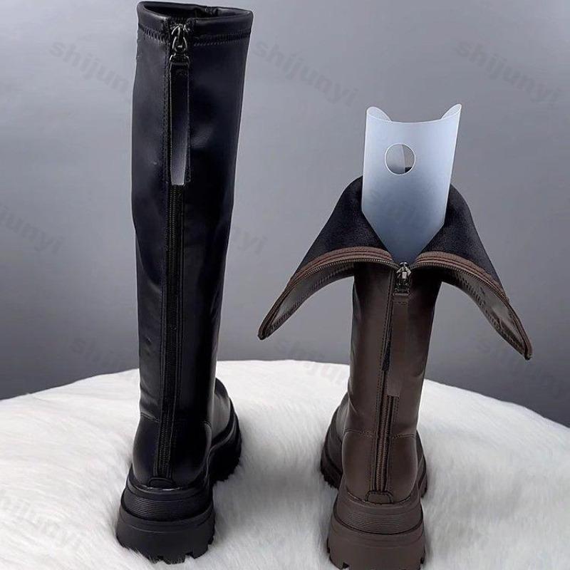 Zimowe Damskie Buty Rycerki Wysokie Modne Zamki z Tyłu Eleganckie Damskie Buty na Platformie Płaskie Długie Buty Krótkie Pluszowe Obuwie Damskie
