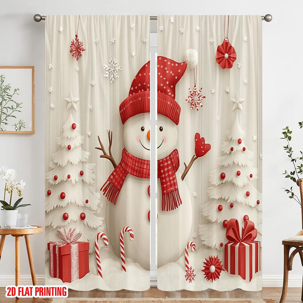 2pcs,2D Plane Printing Curtains Digital Printed Cute Snowman Christmas Trees Gifts Versatile Durable Polyester (without Rod)