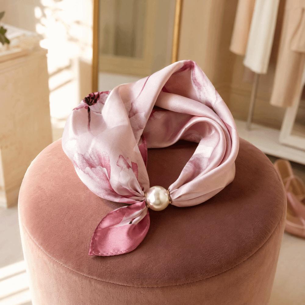 Breathable Silk Scarf Lightweight Printed Neck Scarf Elegant Pearl Buckle Scarf  Women