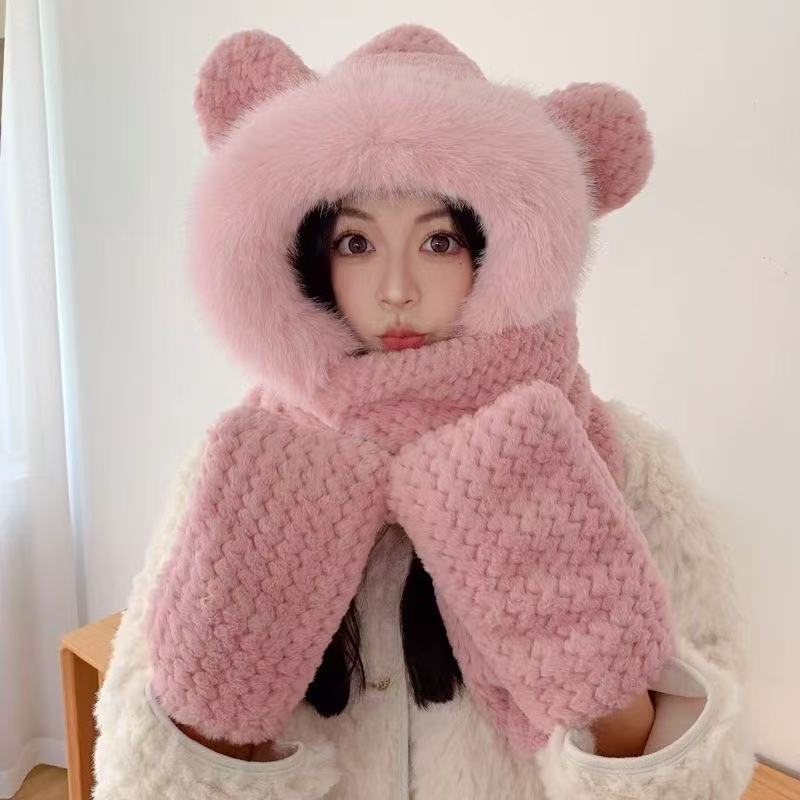 Bear Ear Protection Hat Female Cute Hat Scarf Integrated Female Gloves Three-piece Set Thickened Warm Double Layer Cold Protection