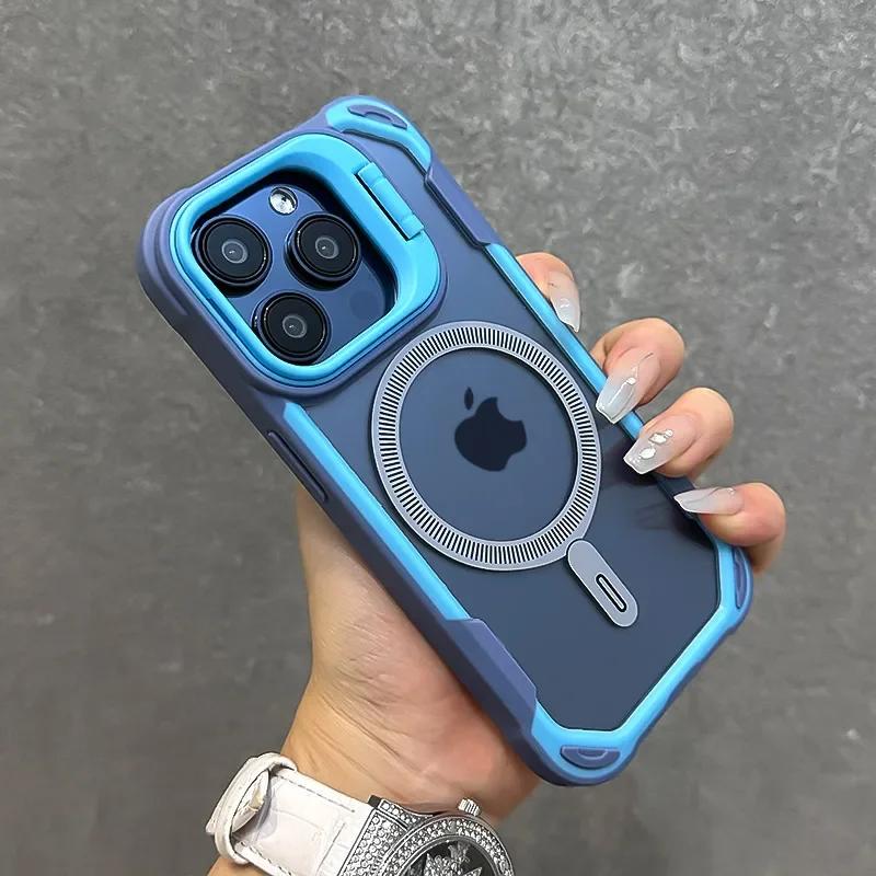 Armor Fold Lens Stand Protection Magsafe Case For iPhone 16 13 12 14 15 Pro Max Plus Magnetic Wireless Charging Shockproof Cover