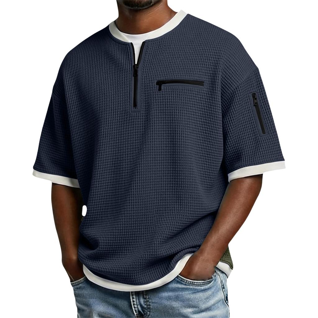 Men's Casual -Weave Zipper-Collar Lightweight Breathable Short-Sleeve Top
