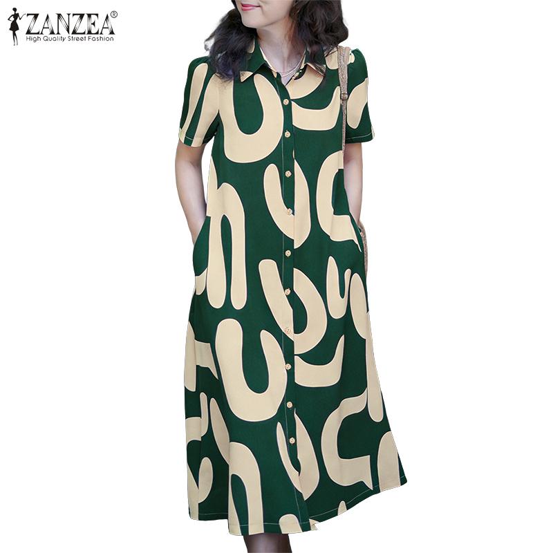 ZANZEA Women Casual Turn Down Collar Short Sleeve Print Dress