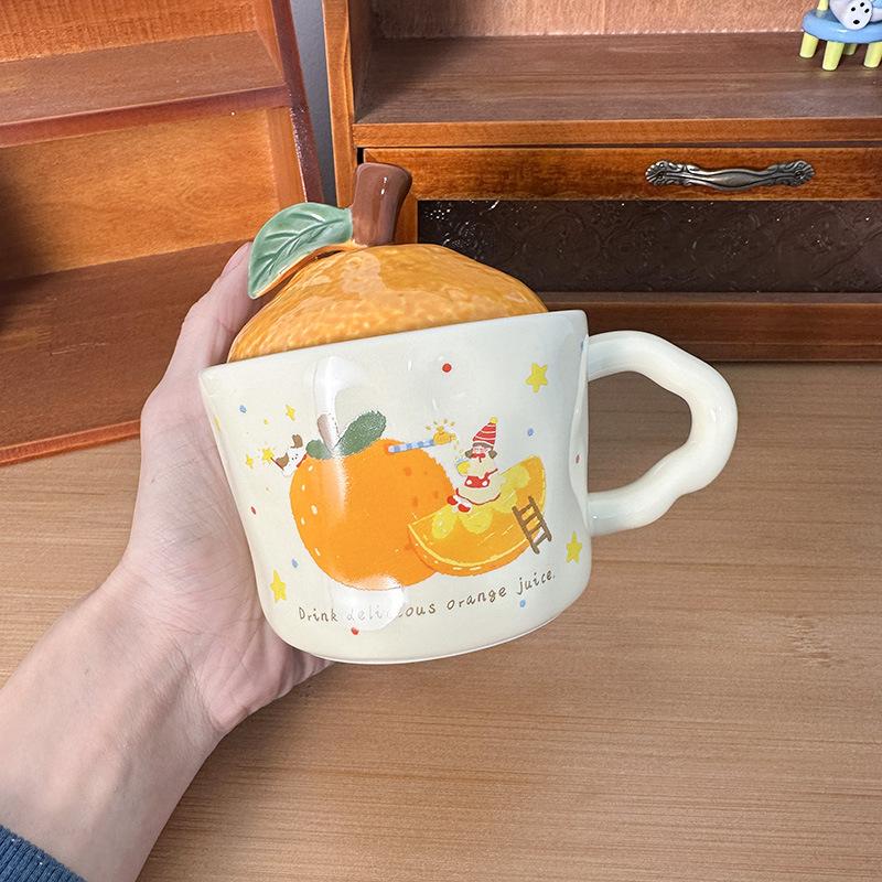 Cute Orange Cat Mug with Lid Creative Good Luck Cup Girls Home Coffee Cup Chinese New Year Gift