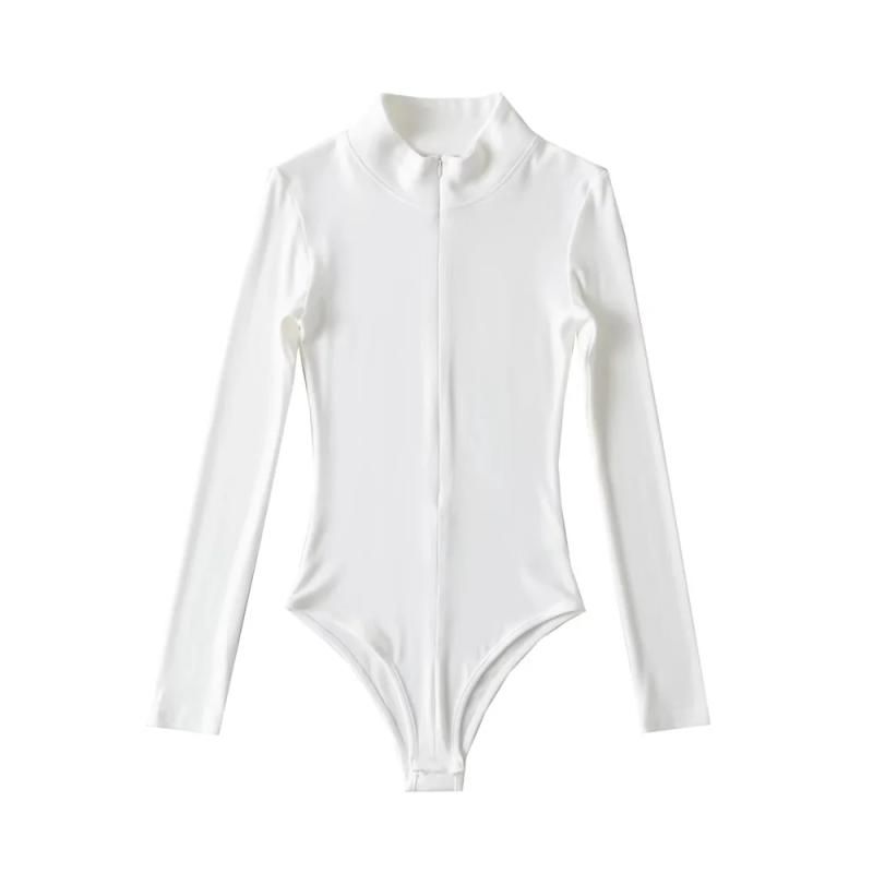 

Autumn New Stand Collar Invisible Long-Sleeve Zipper One-Piece Women s T-shirt Pure Color Fashion Wind Elastic One-Piece Crotch Tops White S