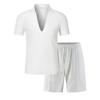 Conjunto Deportivo Casual para Hombre: Conjunto de Dos Piezas de Camiseta de Punto de Color Sólido con Cuello en V Profundo y Pantalones Cortos de Verano