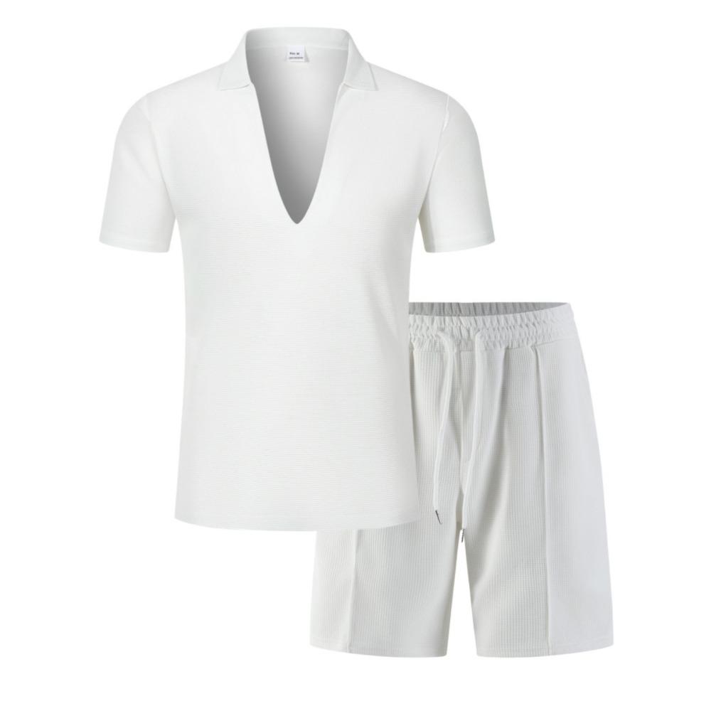 Conjunto Deportivo Casual para Hombre: Conjunto de Dos Piezas de Camiseta de Punto de Color Sólido con Cuello en V Profundo y Pantalones Cortos de Verano