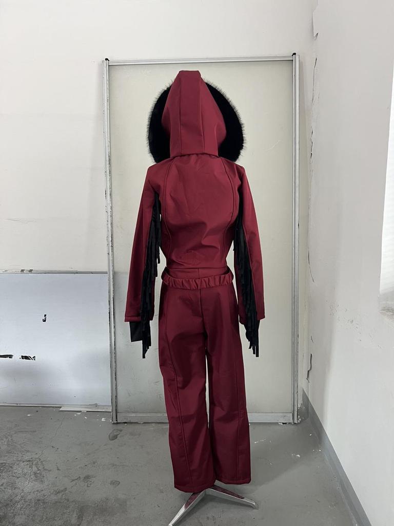2025 Autumn/Winter Women's Tassel Hooded Ski Cotton Jacket with Belt