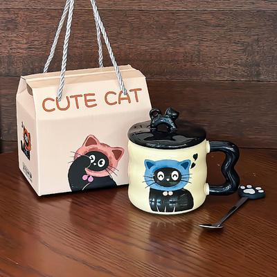 Niedliche und Niedliche Katze Keramikbecher mit Deckel Zum Verschenken an Mädchen Geburtstagsgeschenke für Beste Freundin Praktisches Souvenir Geschenkbox