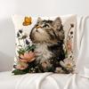 Cute Cat and Flower Cushion Cover Natural Linen Organic Fabric DoubleSided Printing Sofa Home Decor Gift Pillow Cover