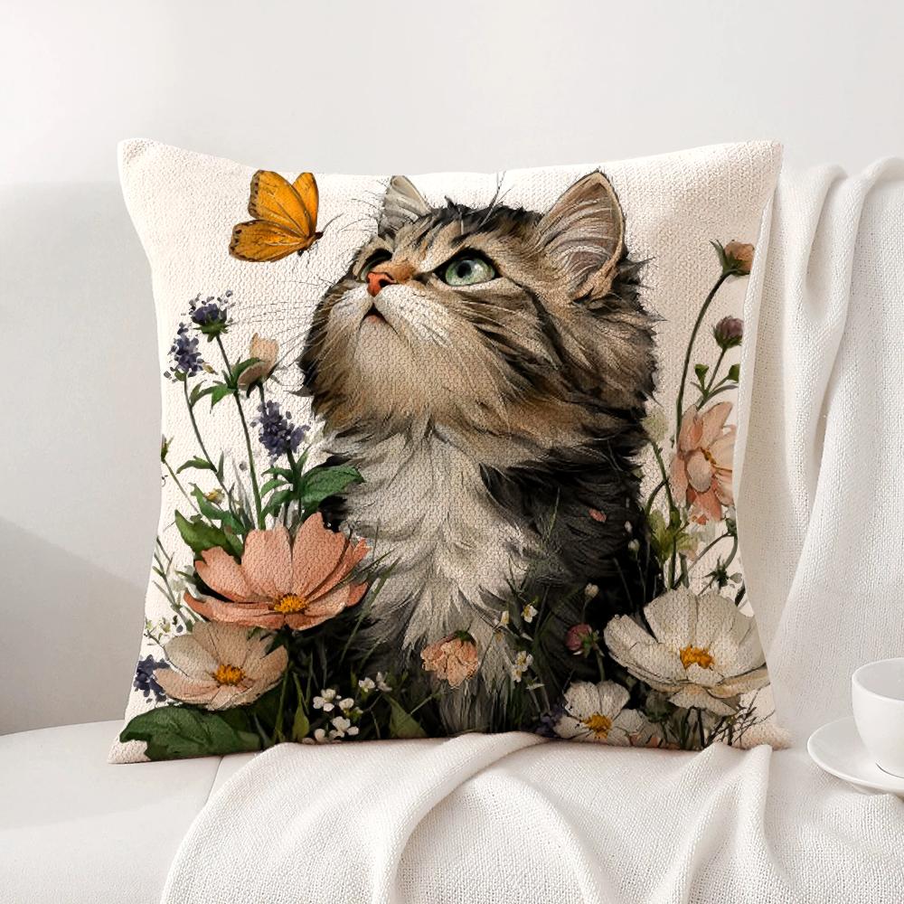 Cute Cat and Flower Cushion Cover Natural Linen Organic Fabric DoubleSided Printing Sofa Home Decor Gift Pillow Cover