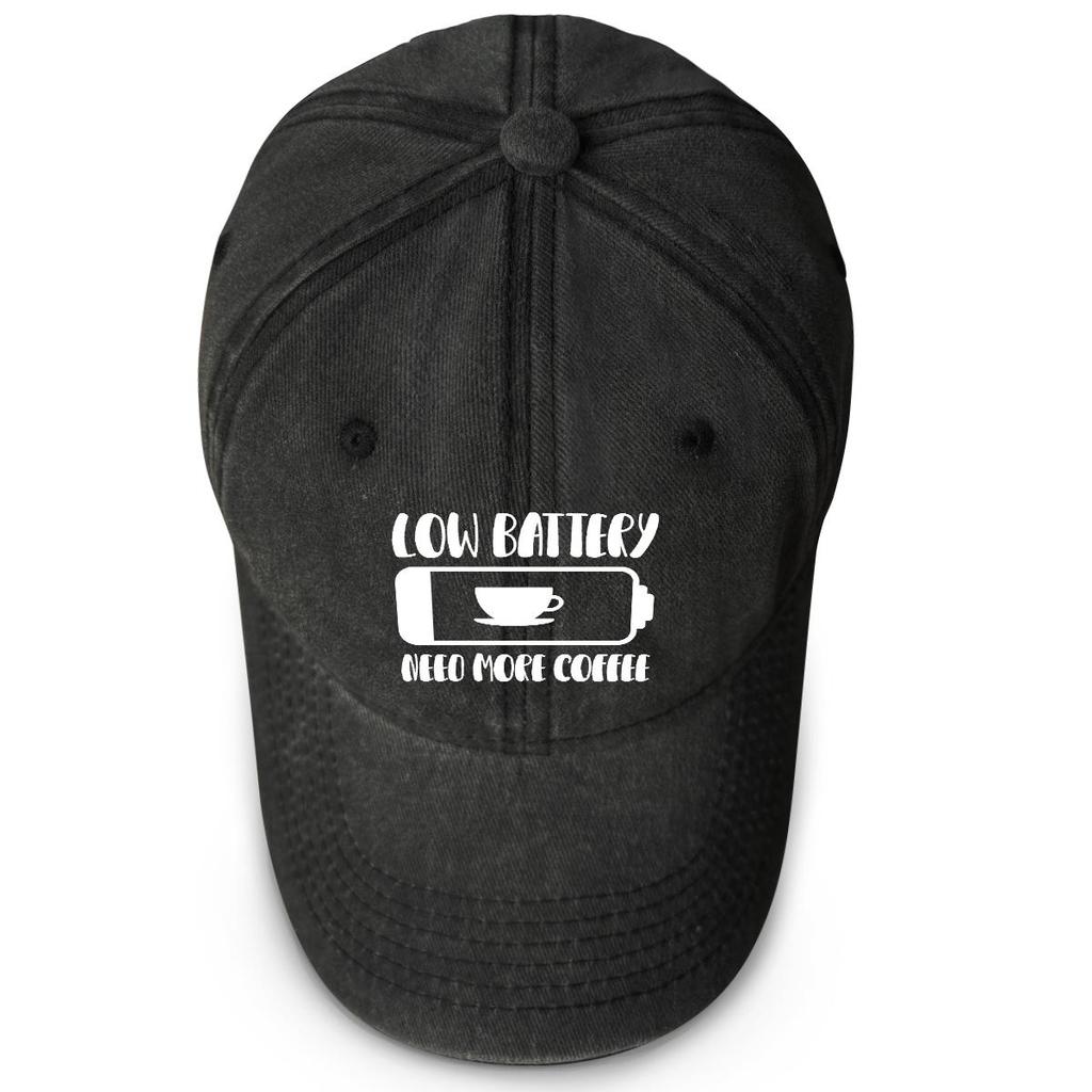 LOW BATTERY NEED MORE COFFEE" Print Adjustable Sun Hat, Mesh Hat Washed Curved Brim Fit Sunshade Snapback Baseball Hat