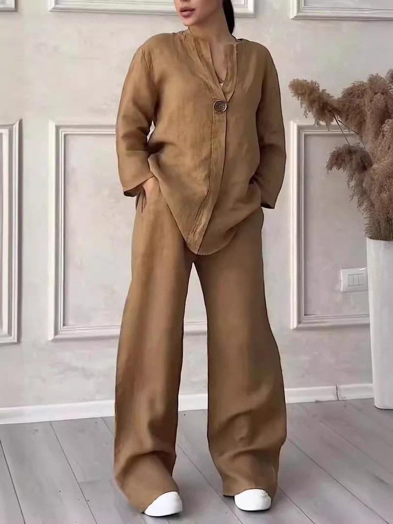 2026 Fashionable European-American Women's Cotton Linen Set: Comfortable Loose Top & Wide-Leg Pants