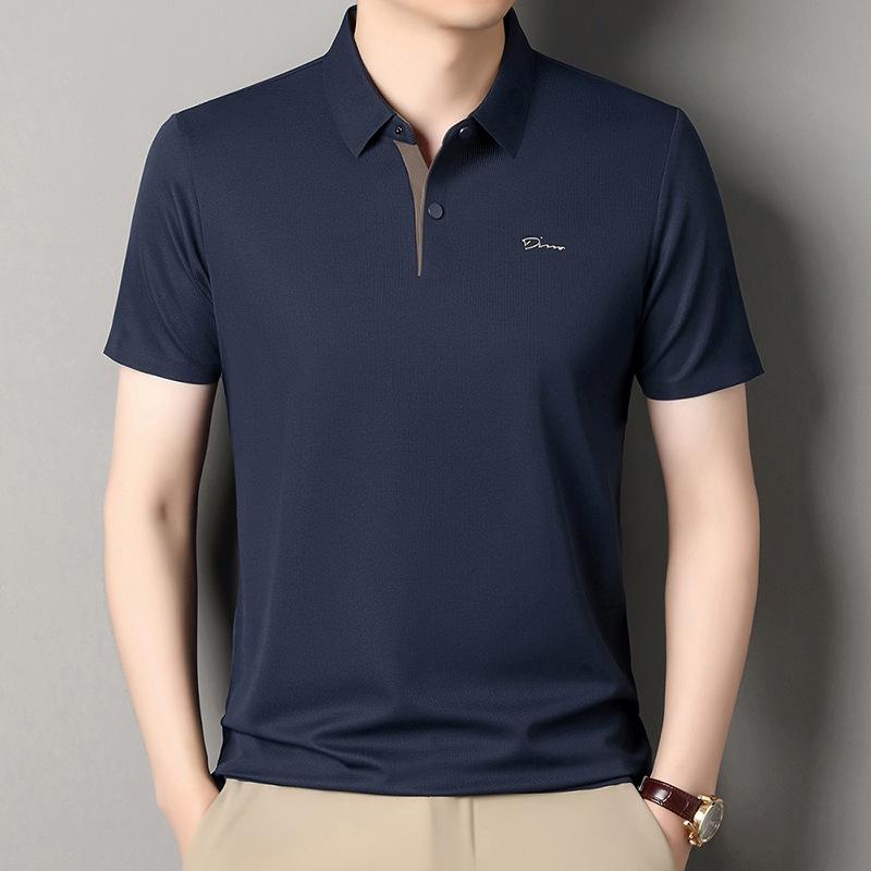 Men s Summer Casual Polo Shirt: Breathable Short-Sleeve Lapel Top for Middle-Aged M темно-синий