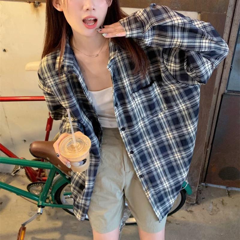 Women's Spring/Fall Checkered Shirt Jacket, Sun-Protective, Loose-Fitting, Casual, Long-Sleeve Top