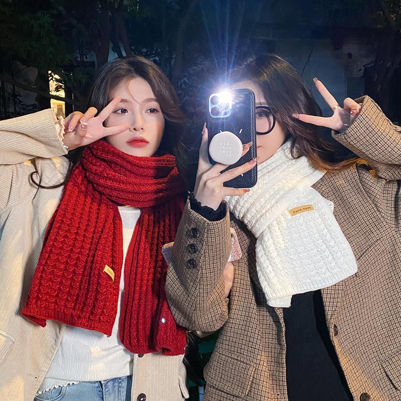Versatile knitted wool red scarf women's new winter high-end warm couple scarf student