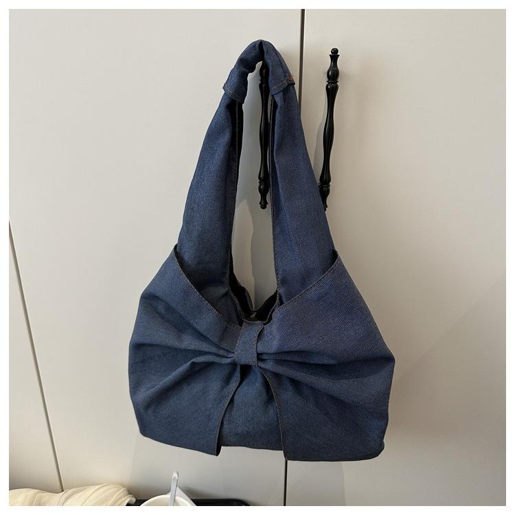 Sweet Bowknot Design Women's Denim Shoulder Bags Commuter Thread Ladies Handbags Casual Lightweight Female Underarm Tote Bag