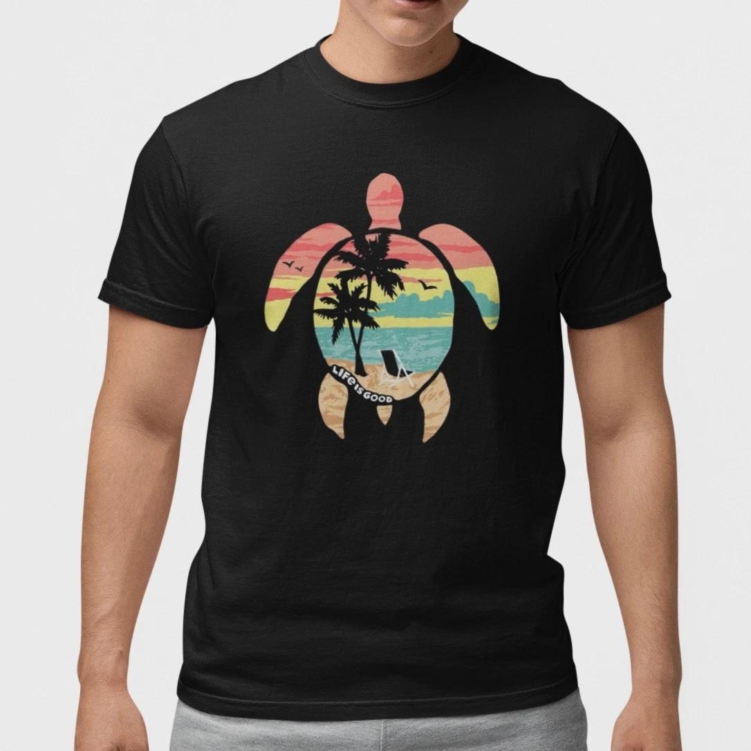 Sea Turtle Beach Shirt Tropical Ocean Sunset Turtle Graphic Tee 100% Cotton XXL