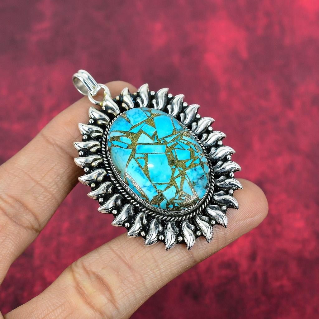 Modrý měděný tyrkysový ručně vyrobený přívěsek drahokam, 925 masivní přívěsek ze sterlingového stříbra starožitné šperky, jako dárek k zásnubám