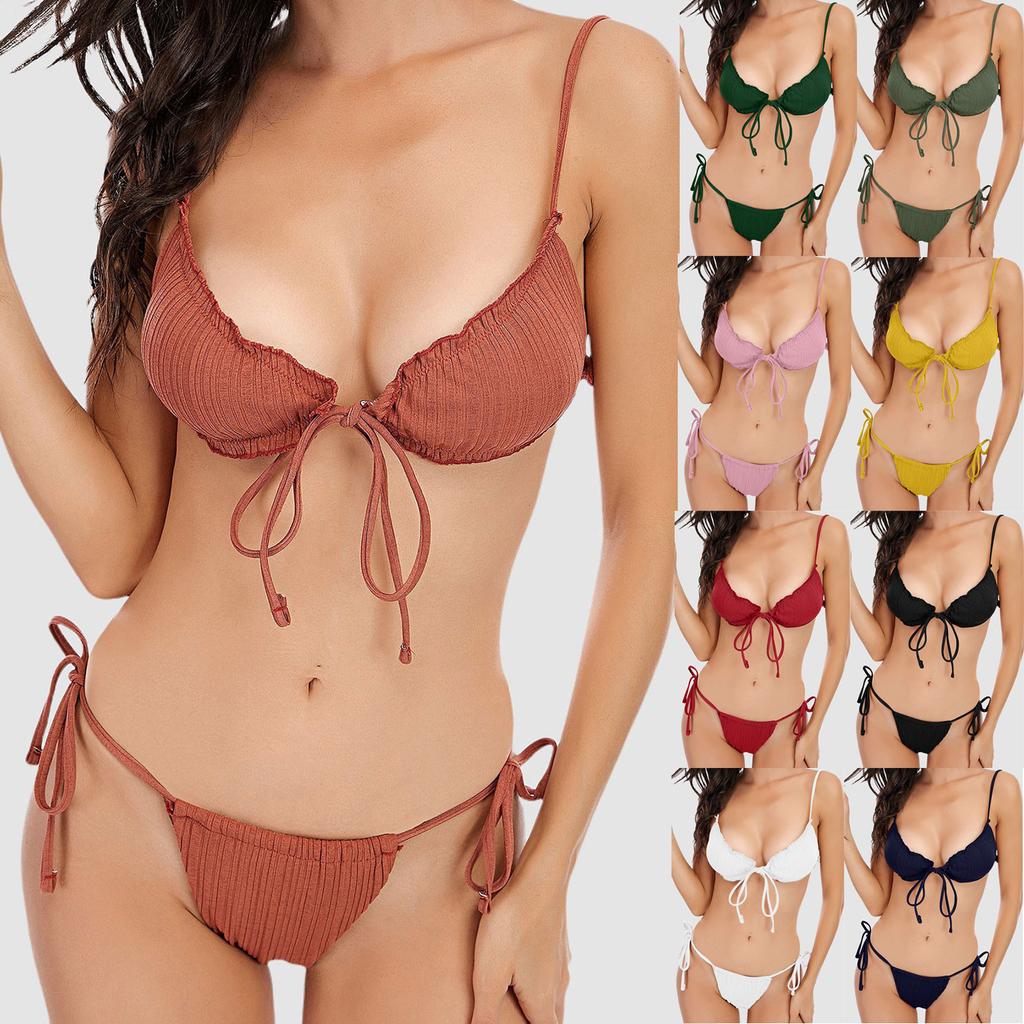 Women's Triangle Bikini Set Two Piece Swimsuit Adjustable Tie Straps Textured Fabric Beachwear Swimwear for Summer Pool Party