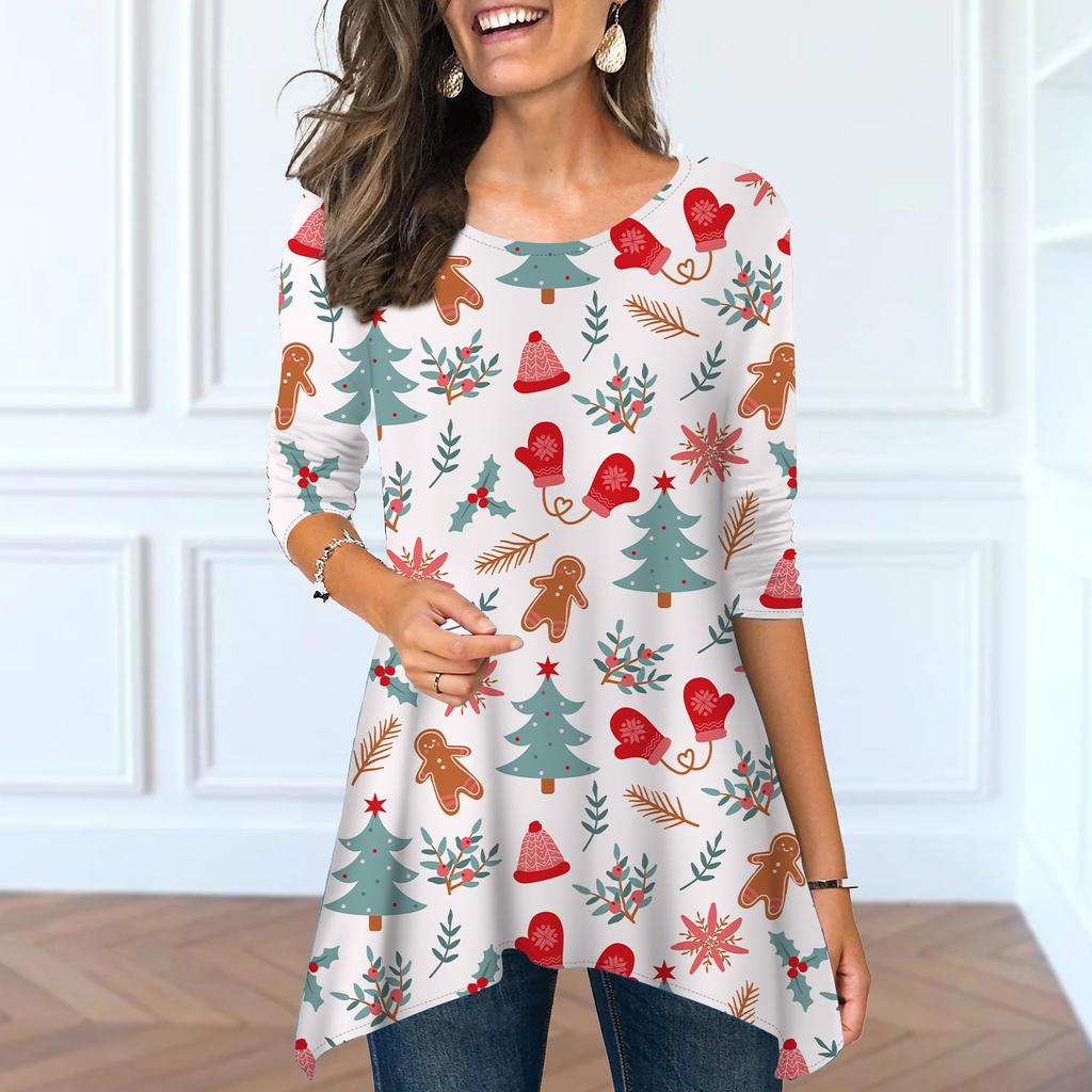 Damen Frühling Rundhals Bunt Weihnachtsbaum Print Oberteile Mode Langarm Unregelmäßiger Saum T-Shirt Oberteile