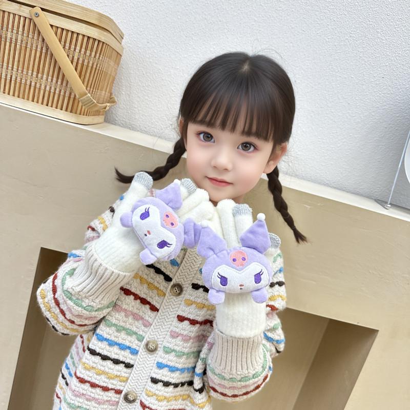 Korean Autumn and Winter Children's Gloves Sanrio Cartoon Warm and Cold Proof Thickened Baby Gloves Knitted Five Finger Gloves