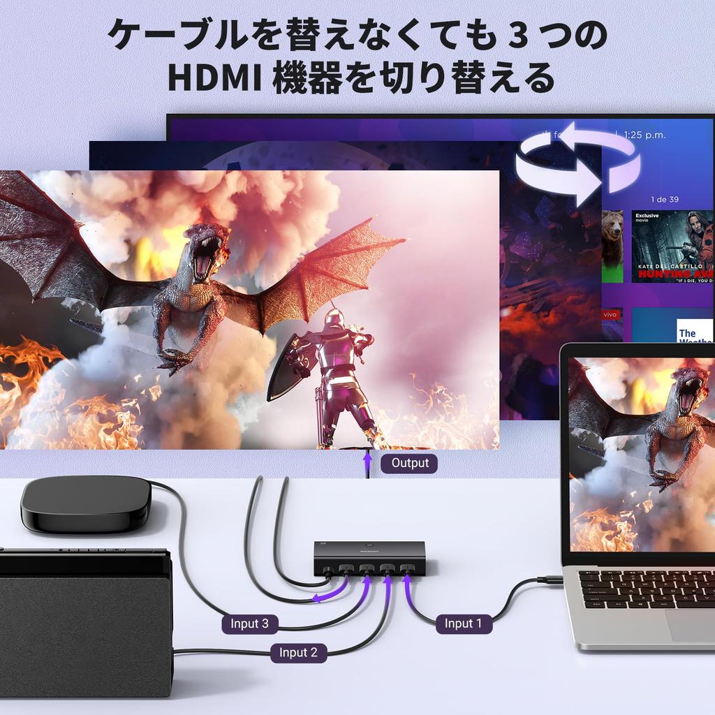 UGREEN HDMI Switcher 3 Inputs 1 Output HDMI Switcher HDMI Selector with Remote Control HDCP HDR 3D Compatible Manual Switching 4K@60Hz 1080P@144Hz