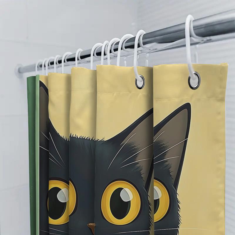 Peeking Black Cat With Big Yellow Eyes Shower Curtain For Bathroom Decoration - Cute Andfunny Design With Complimentary Hook