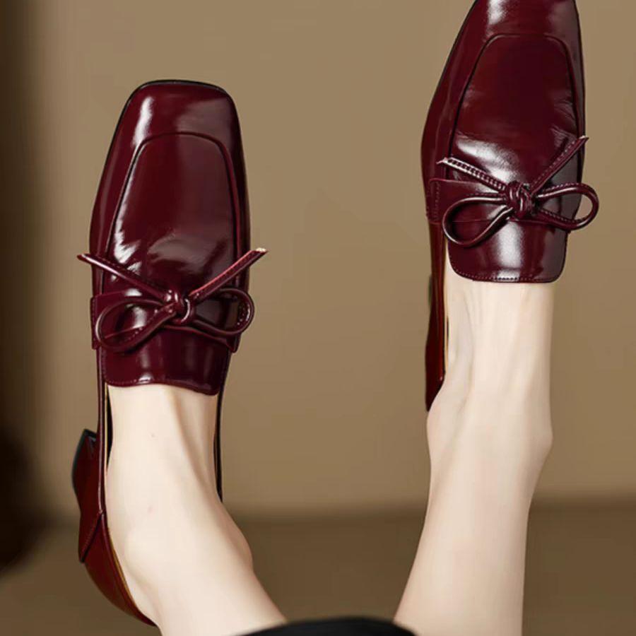 Retro square head British style small leather shoes women's 2025 spring and autumn new bow thick heel high heels deep mouth single shoes