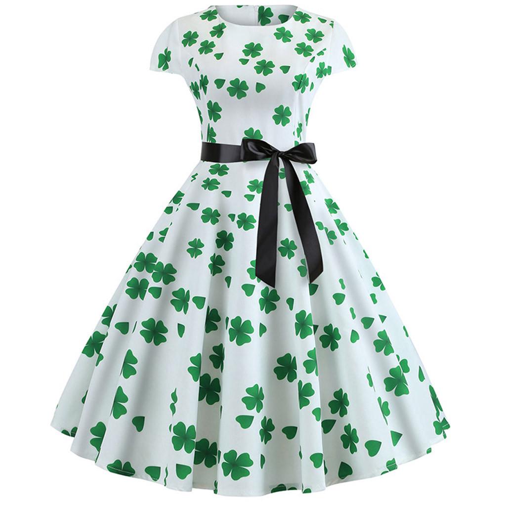 St. Patrick's Day Women's  Evening Print Party Prom Swing Bow Dress