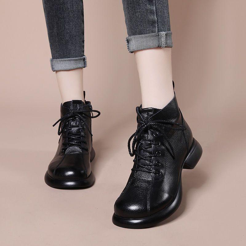 Brand Retro Black Brown Split Leather boots Woman Casual Lace Up Winter Snow Boots Non-slip Rubber Booties Ladies Ankle Botas