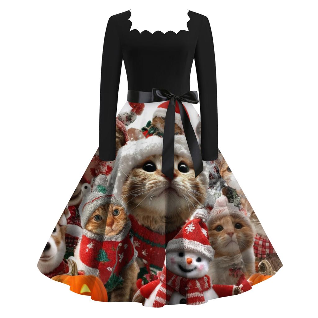 Women's Fashion Retro Long-sleeved Square Collar Christmas Printed Evening Dress