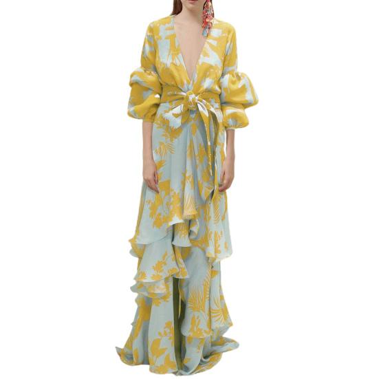 Long Dress Deep V Neck Lace-up Tight Waist Flowy Splicing Irregular Hem Ruffle