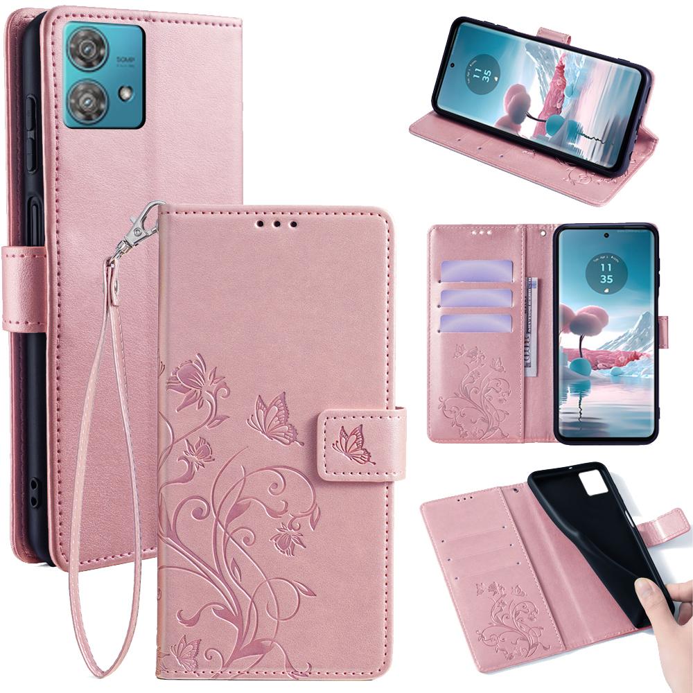 Für Motorola Edge 40 Neo 5G Handyhülle mit Handschlaufe Leder-Klapphülle mit Schmetterling-Blumen-Prägung