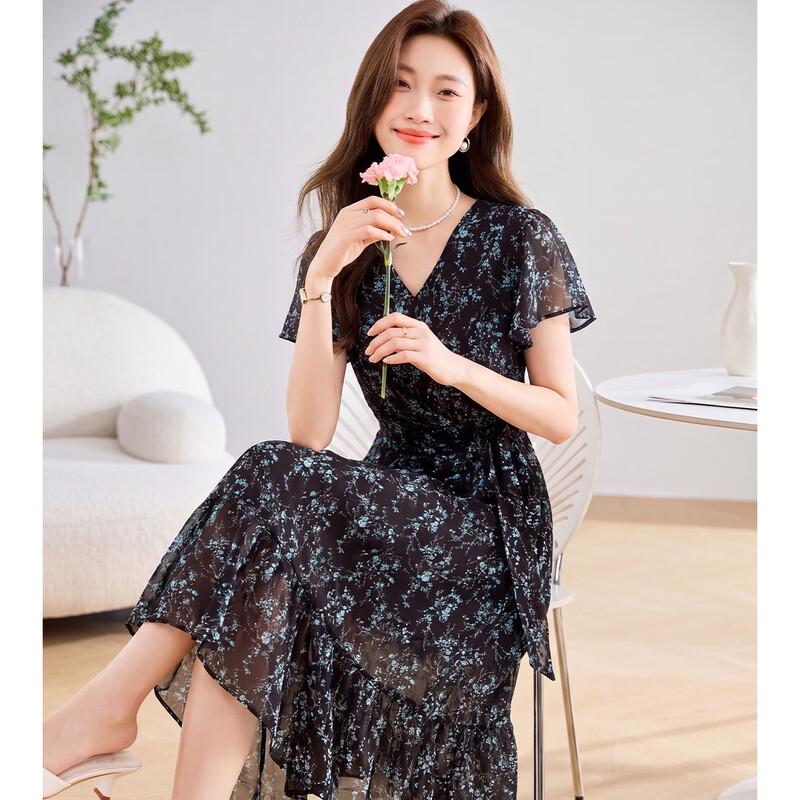 ORIGIN Elegant Floral V-Neck A-Line Midi Dress XL