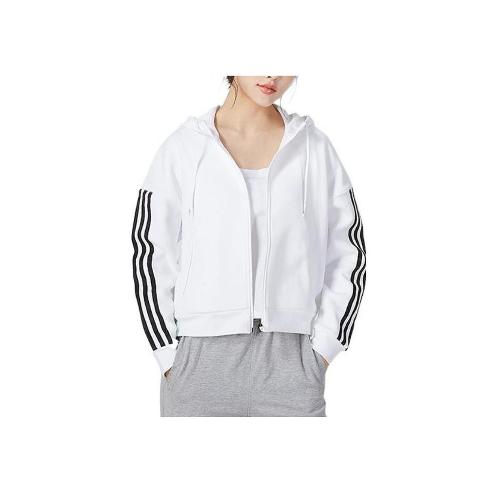 Adidas Solid Three-Stripe Hooded Casual Jacket Women Jackets White HM7049