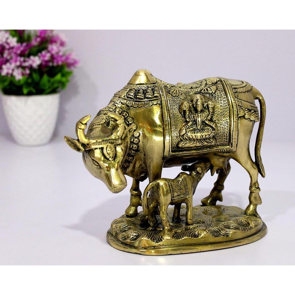 Brass Holy Kamdhenu Kamadhenu Cow and Calf Sculpture - Lucky Figurine Idol Statue Sculpture - 6" Inches