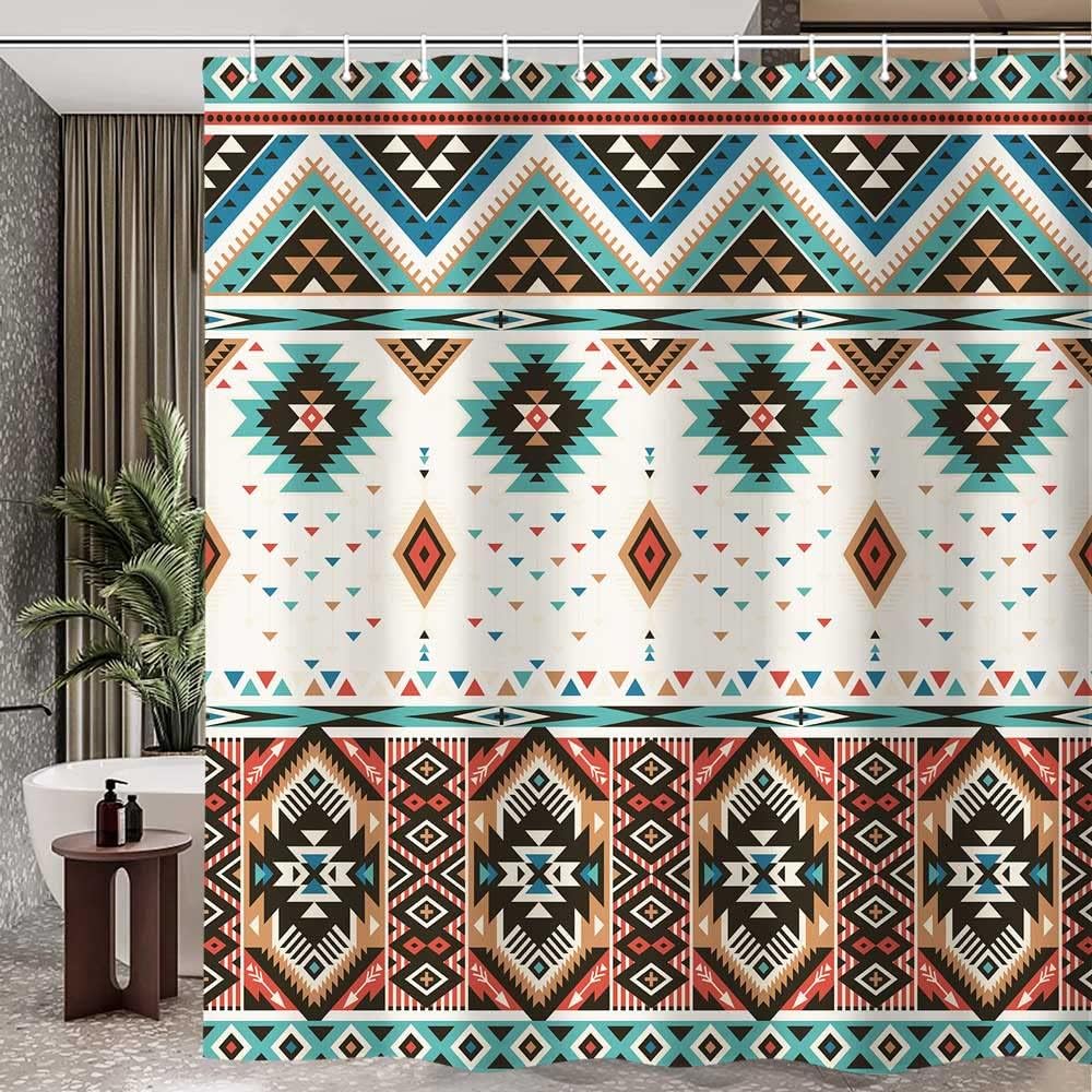 Aztekischer Duschvorhang, Südwestliches indigenes Stammes-Navajo-Amerikanisches ethnisches Muster Western Boho Stoff-Badevorhänge, Dreieckige Geo
