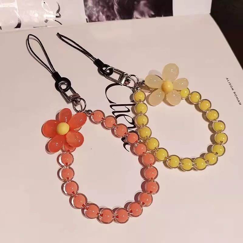 Cell Phone Lanyard Keychain on The Phone Macaron Color Beads Pendant Mobile Phone Rope Flowers Keychains Accessorie