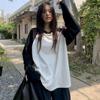 Camiseta Casual Oversize Y2k Tops Harajuku Manga Larga Cuello Redondo Camisetas Negro Blanco Patchwork Tees Mujer Streetwear